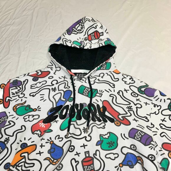 VTG Y2K 2000s Zoo York Graffiti AOP Hoodie Mens XL Skater Hip Hop Streetwear - Picture 3 of 7